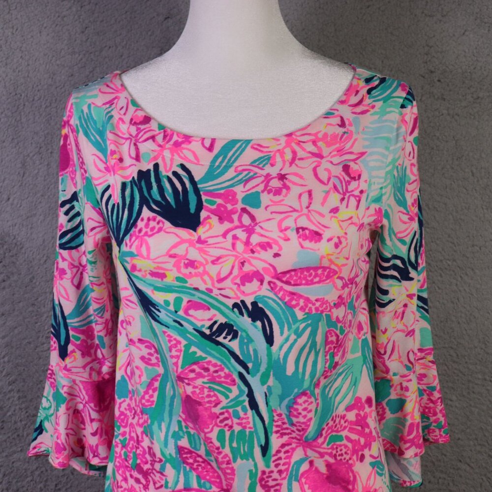 Lilly Pulitzer Fontaine Top Womens XS Pink Multicolor Floral 3/4 Sleeve Preppy - Picture 2 of 9